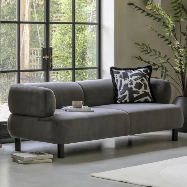 Grey Fabric 3 Seater Standard Back Sofa Dark Wood Legs