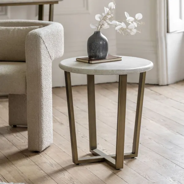 Travertine Top Round Side Table Bronzed Brass Metal Base