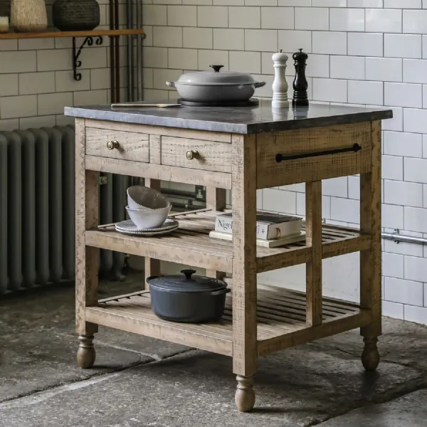 Rustic Natural Wood Marble Top Small 2 Drawer Kitchen Island