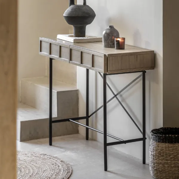 Retro Smoked Weathered Grey 2 Drawer Console Table
