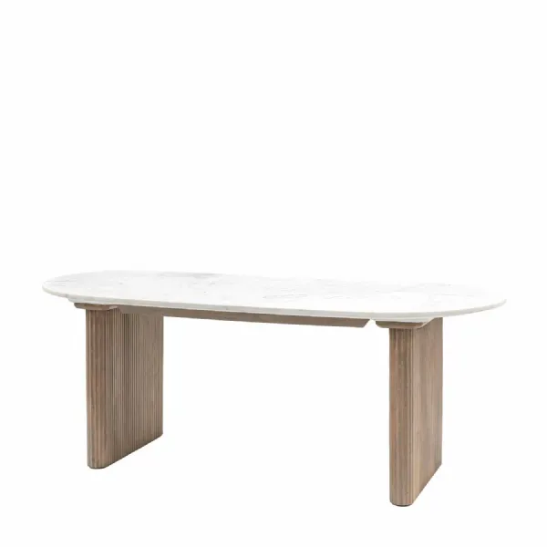 White Marble Top Oval Dining Table Wooden Ribbed Legs