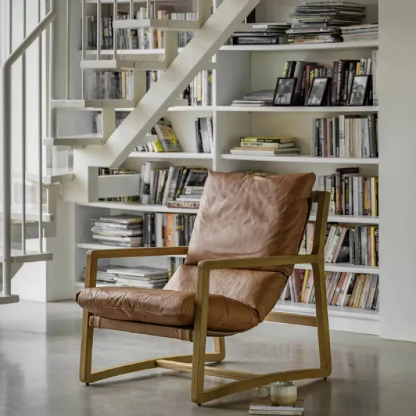 Vintage Brown Leather Curved Lounge Chair Natural Oak Frame