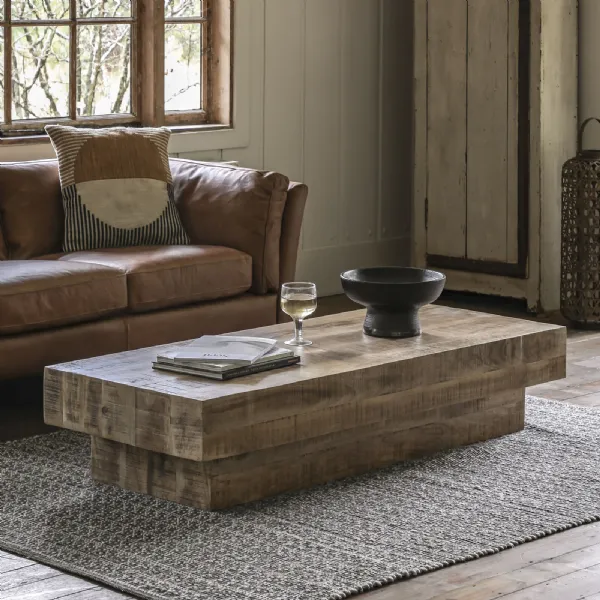 Chunky Rustic Natural Wood Low Rectangular Coffee Table