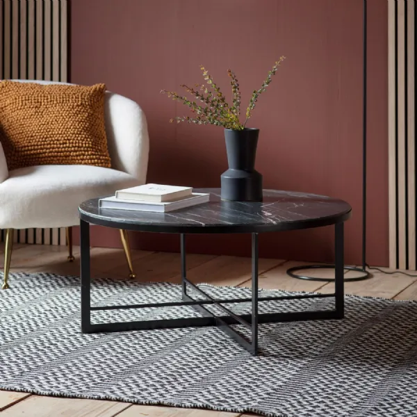 Black Marble Round Coffee Sofa Table Cross Metal Base