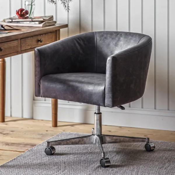 Antique Black Leather Swivel Home Office Tub Chair