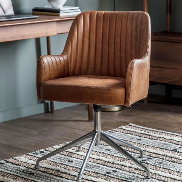 Vintage Tan Brown Leather Swivel Office Chair