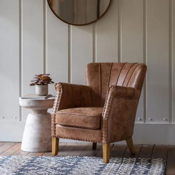 Vintage Brown Pleated Leather Armchair with Studs