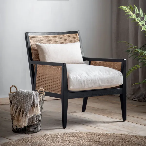 Cream Fabric Black Wood and Rattan Framed Armchair