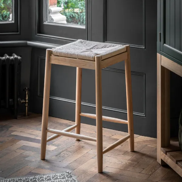 Vintage Natural Oak Wooden Bar Stool with Woven Seat