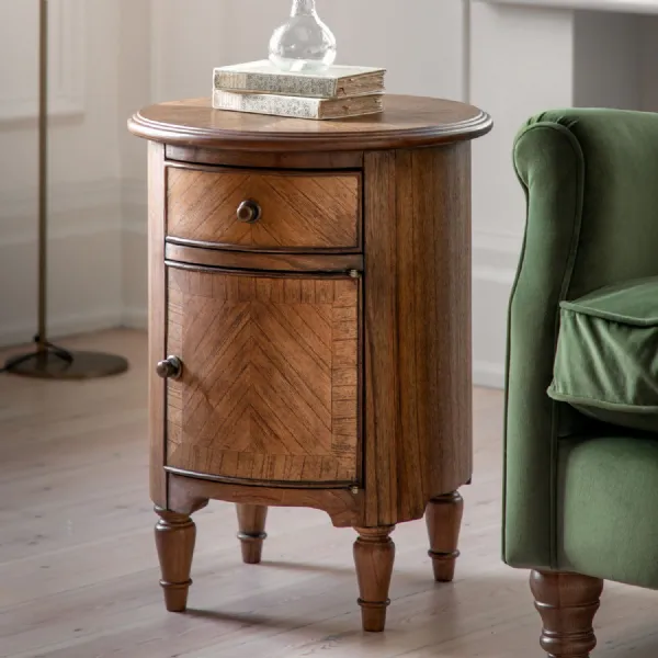 Round Inlaid Wood Drum Shape Occasional Side Table