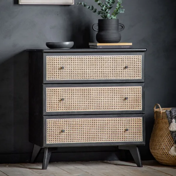 Black Oak Chest of 3 Drawers Rattan Woven Drawers