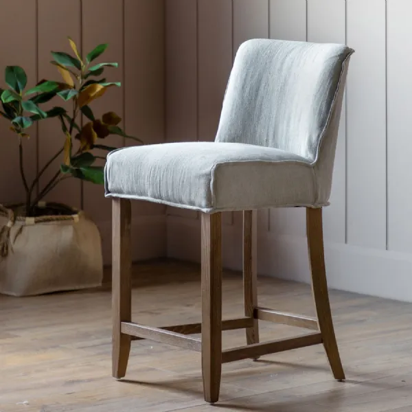 Taupe Linen Fabric Bar Stool Oak Wood Legs and Foot Rest