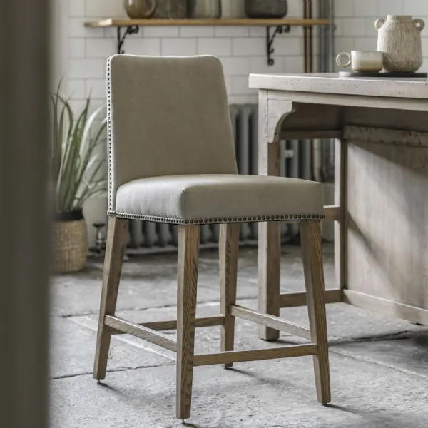 Oak Wooden Cement Grey Linen Fabric Bar Stool Angled Legs