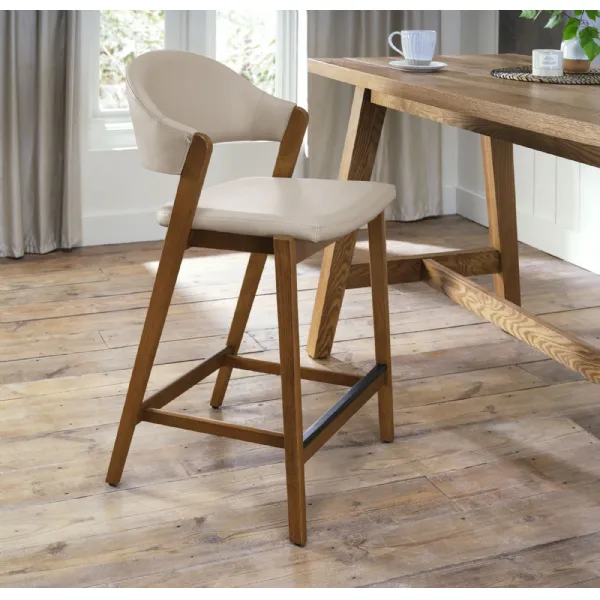 Camden Rustic Oak Upholstered Bar Stool in an Ivory Bonded Leather (Single)