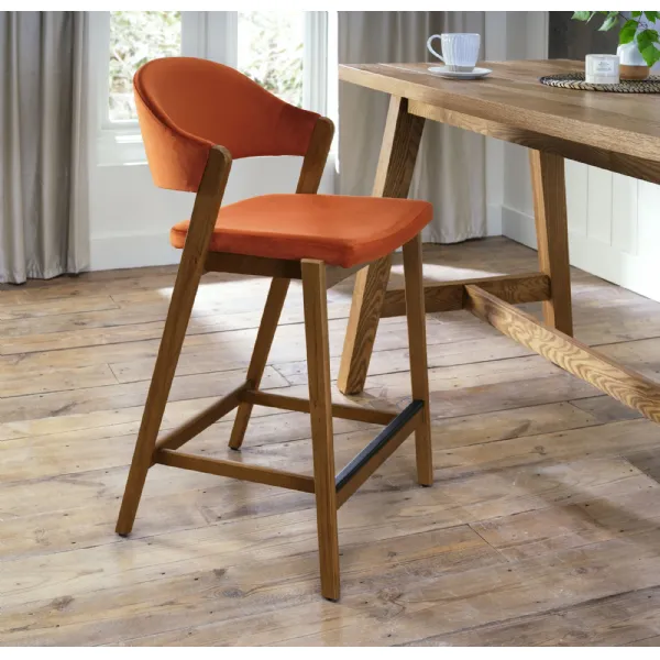 Camden Rustic Oak Upholstered Bar Stool in a Rust Velvet Fabric (Single)