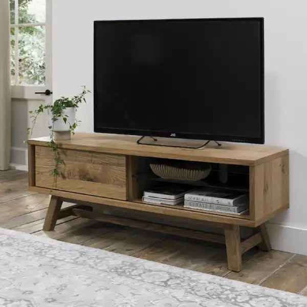 Rustic Oak Low Open TV Stand with Sliding Door