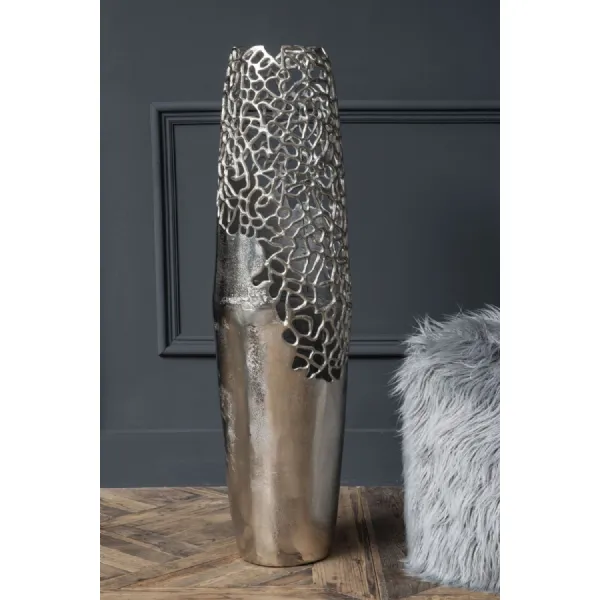 Large Tall Silver Metal Coral Effect Floor Vase