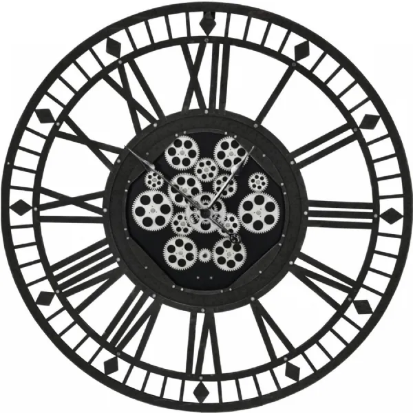 Large Dark Grey 90cm Round Skeleton Moving Cog Wall Clock