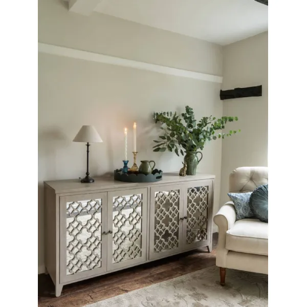 Laura Ashley Large Grey Wooden Mirrored 4 Door Sideboard