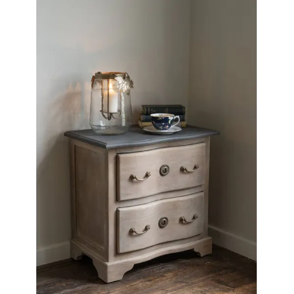 Laura Ashley Natural Wood Grey Top 2 Drawer Bedside Table