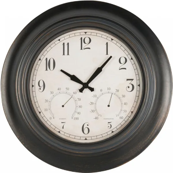 Black Outdoor Metal Clock with Temp and Humidity Dials