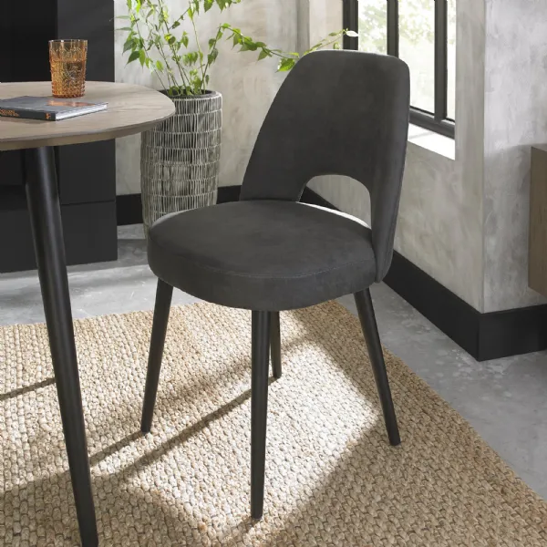 Pair of Dark Grey Fabric Dining Chairs Black Legs Open Back