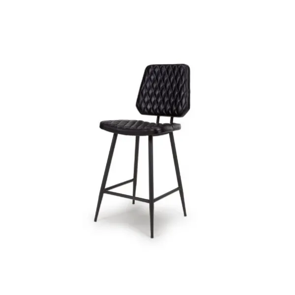 Black Quilted Leather Bar Stool with Black Metal Legs