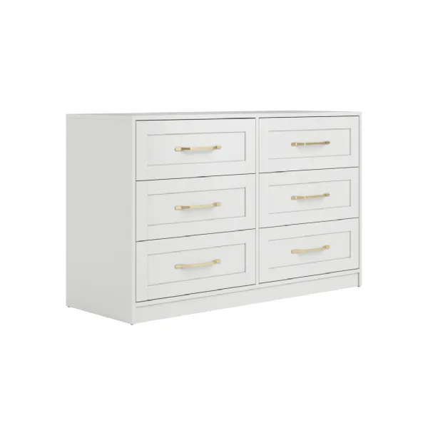 Modern White Wide Chest of 6 Drawers Brushed Brass Handles