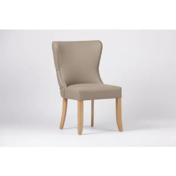 Taupe Leather Buttoned Curved Back Dining Chair Oak Legs