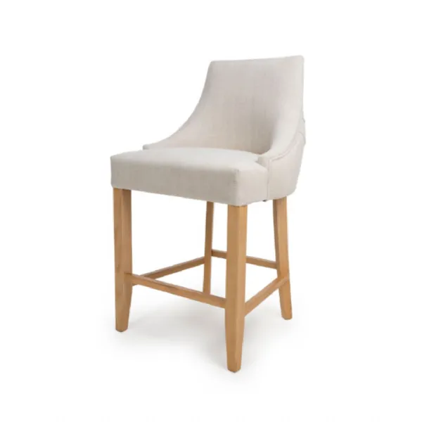 Linen Fabric Buttoned Bar Stool Chair Oak Wood Legs