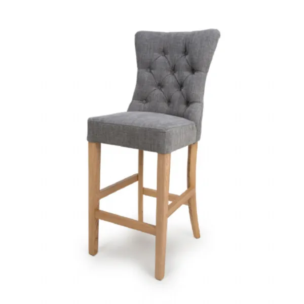 Grey Fabric Buttoned Bar Stool Chair Oak Legs with Foot Rest