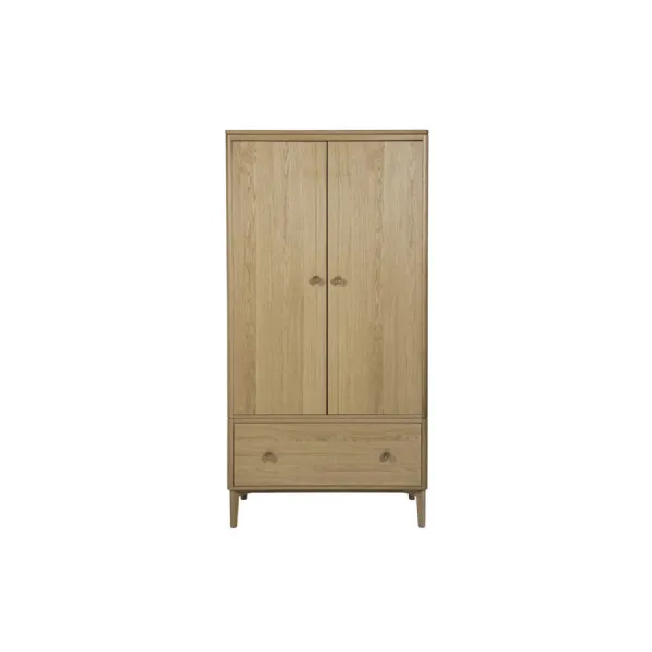 Natural Oak Wooden Double Wardrobe with Bottom Drawer