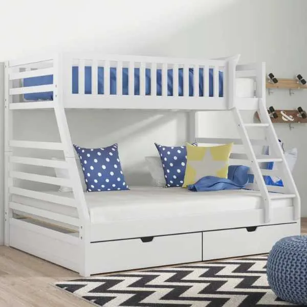 White Painted Kids Triple Sleeper Bunk Bed Frame with Ladder and 2 Drawers