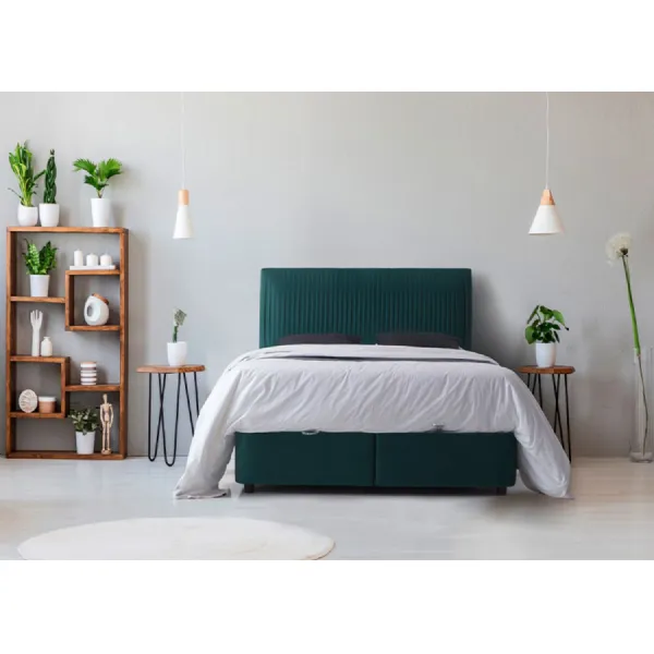 Green Fabric Vertical Stitched Double Storage Ottoman Bed