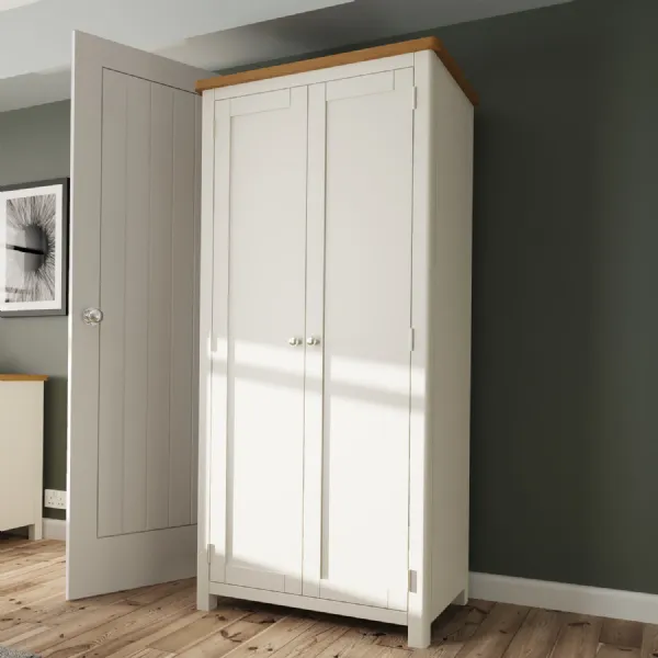 Modern Dove Grey Painted 2 Door Full Hanging Double Wardrobe with Oak Top