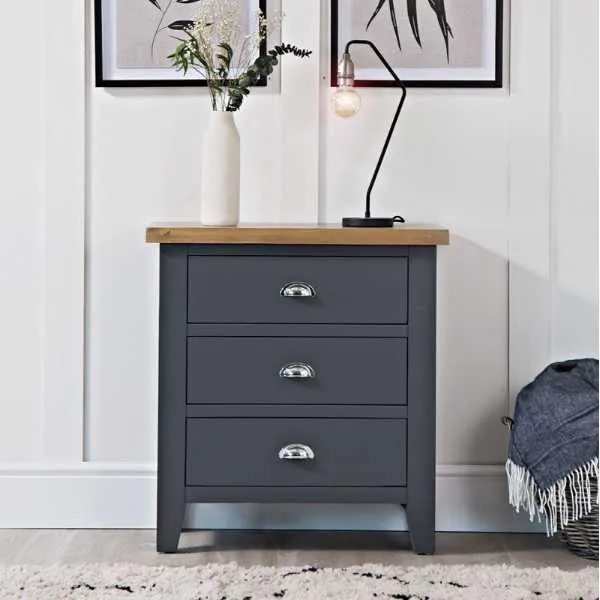 Charcoal Painted Wooden Small Chest of 3 Drawers Cabinet Lime Oak Washed Top