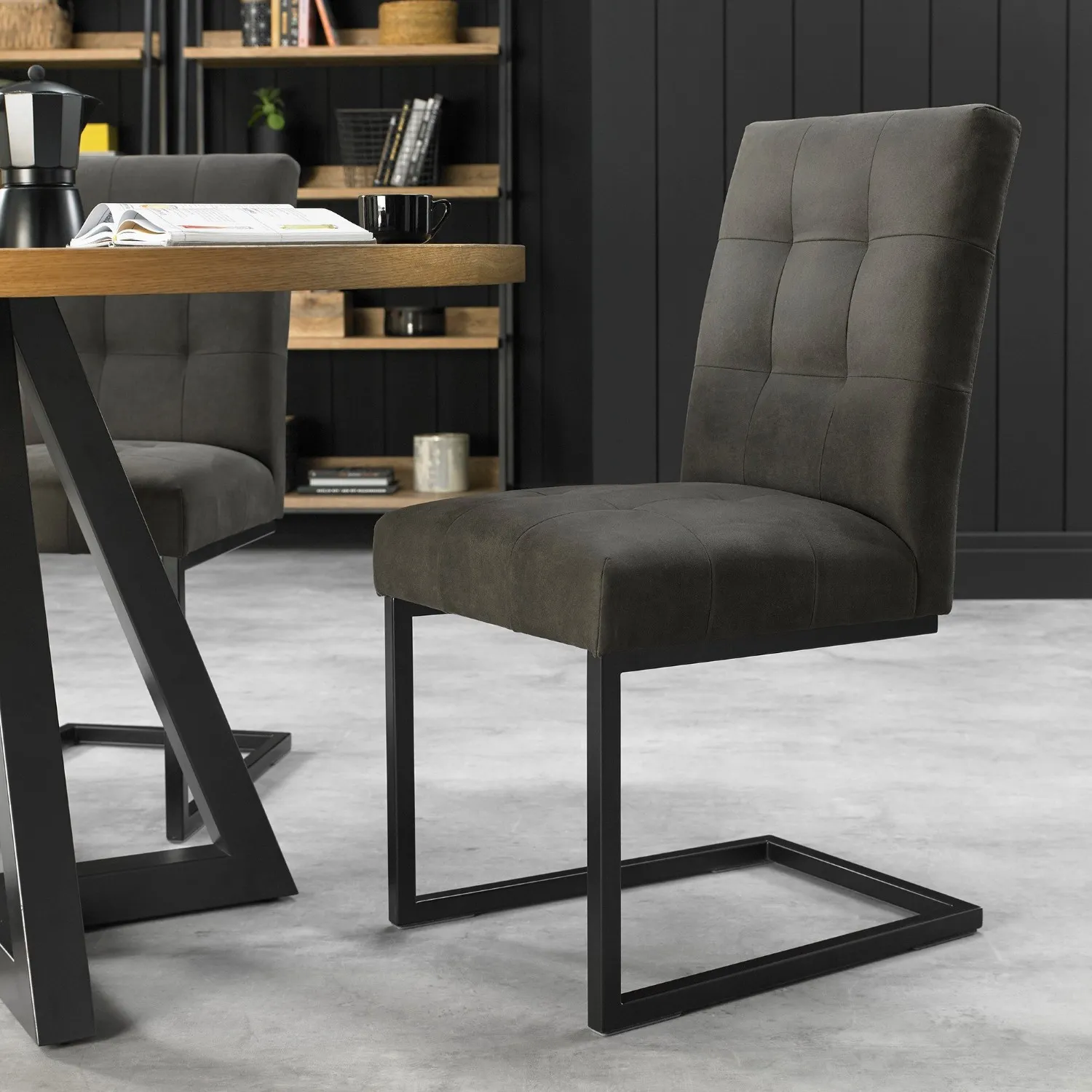 Pair of Dark Grey Fabric Dining Chairs Black Metal Legs