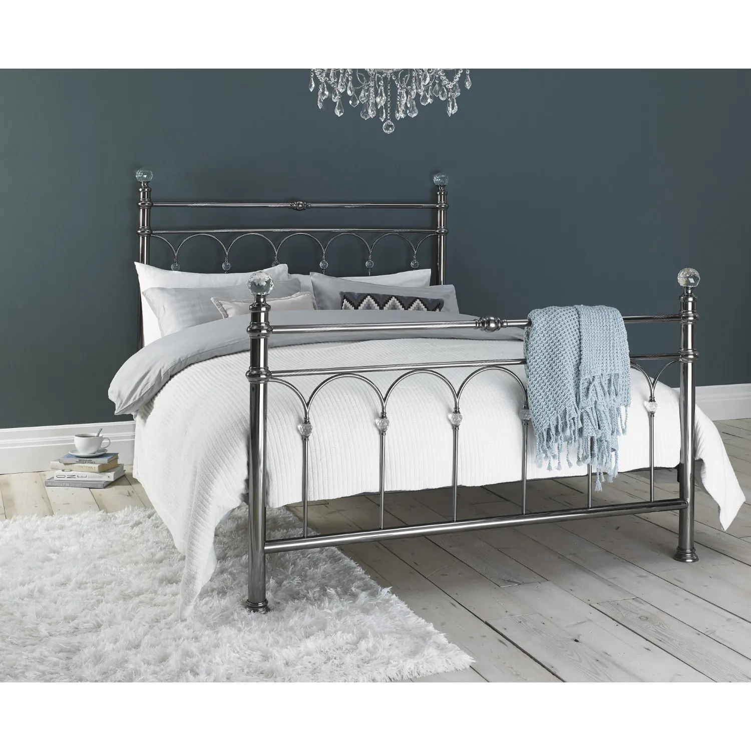 Traditional Antique Silver Nickel Metal Double Bed