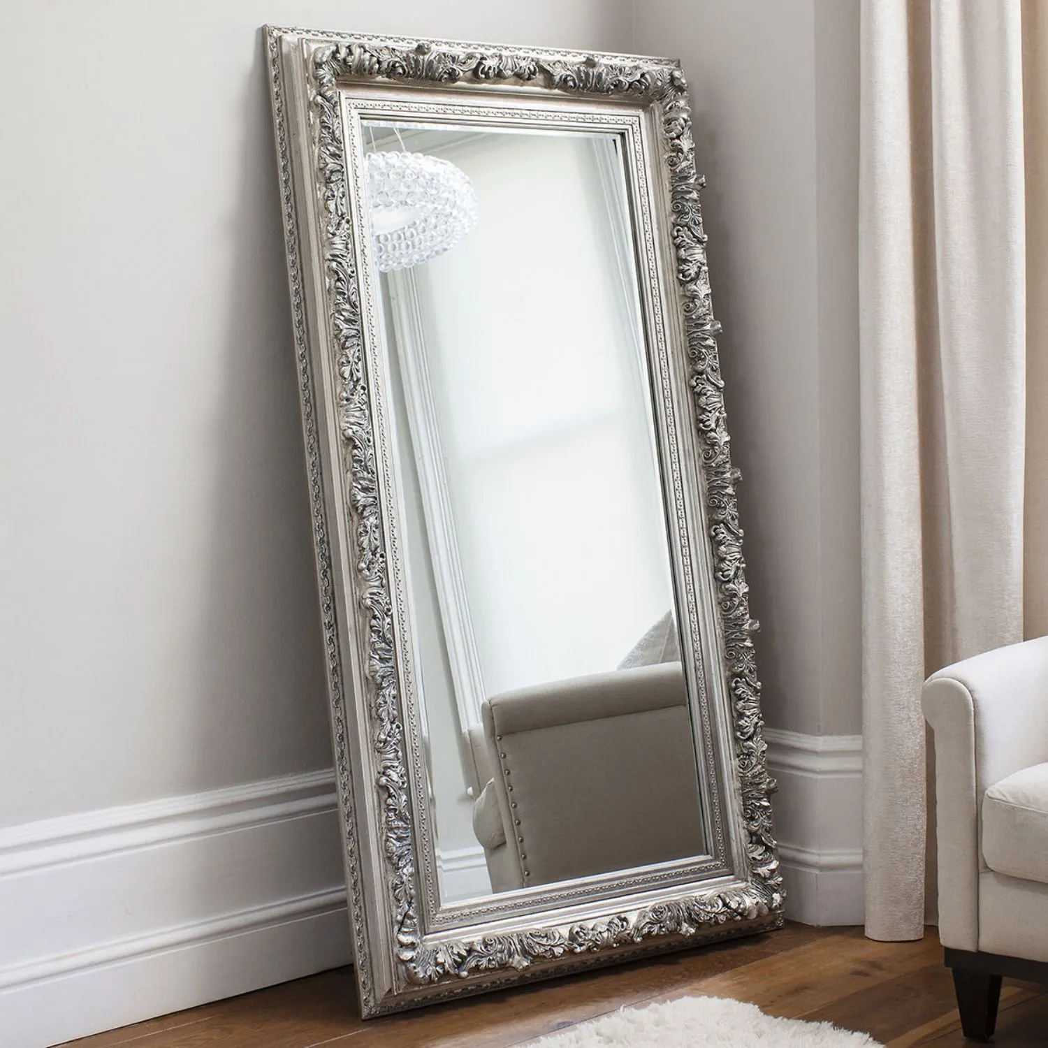 Large Ornate Silver Painted Rectangular Leaner Wall Mirror