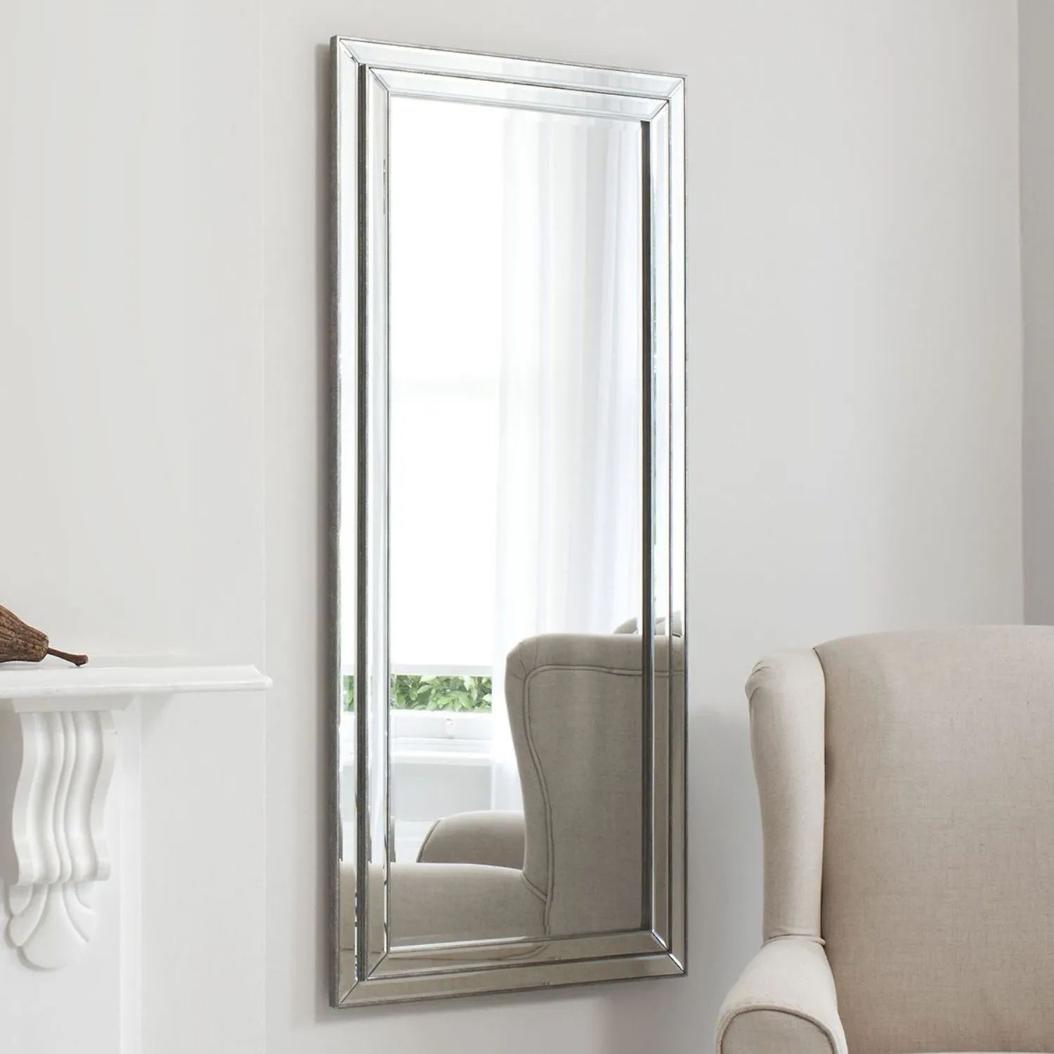 Large Silver Pewter Rectangular Bevelled Leaner Wall Mirror