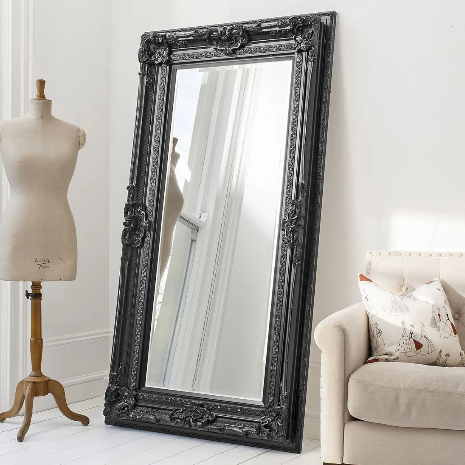 Large Black Baroque Style Ornate Leaner Floor Wall Mirror