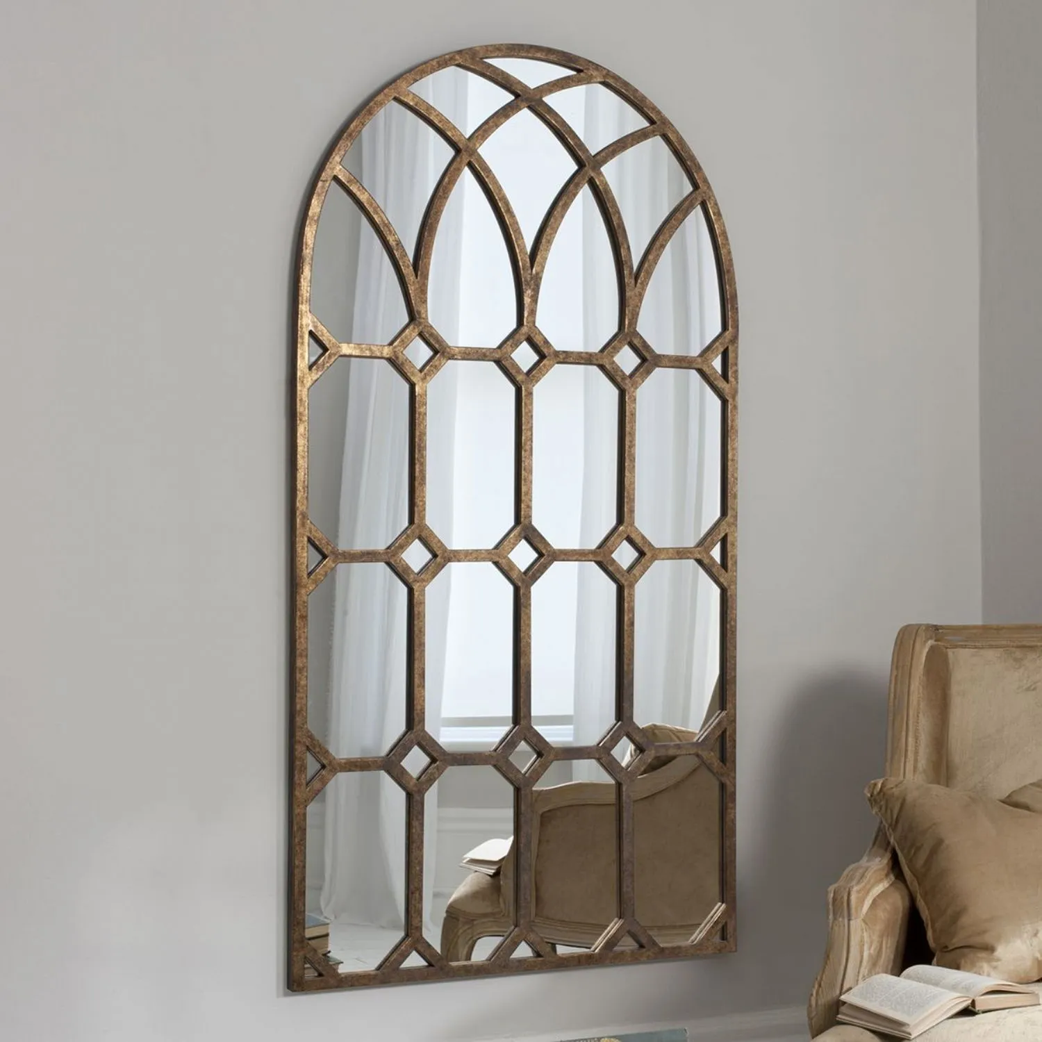 Large Aged Gold Bronze Arched Multi Window Wall Mirror