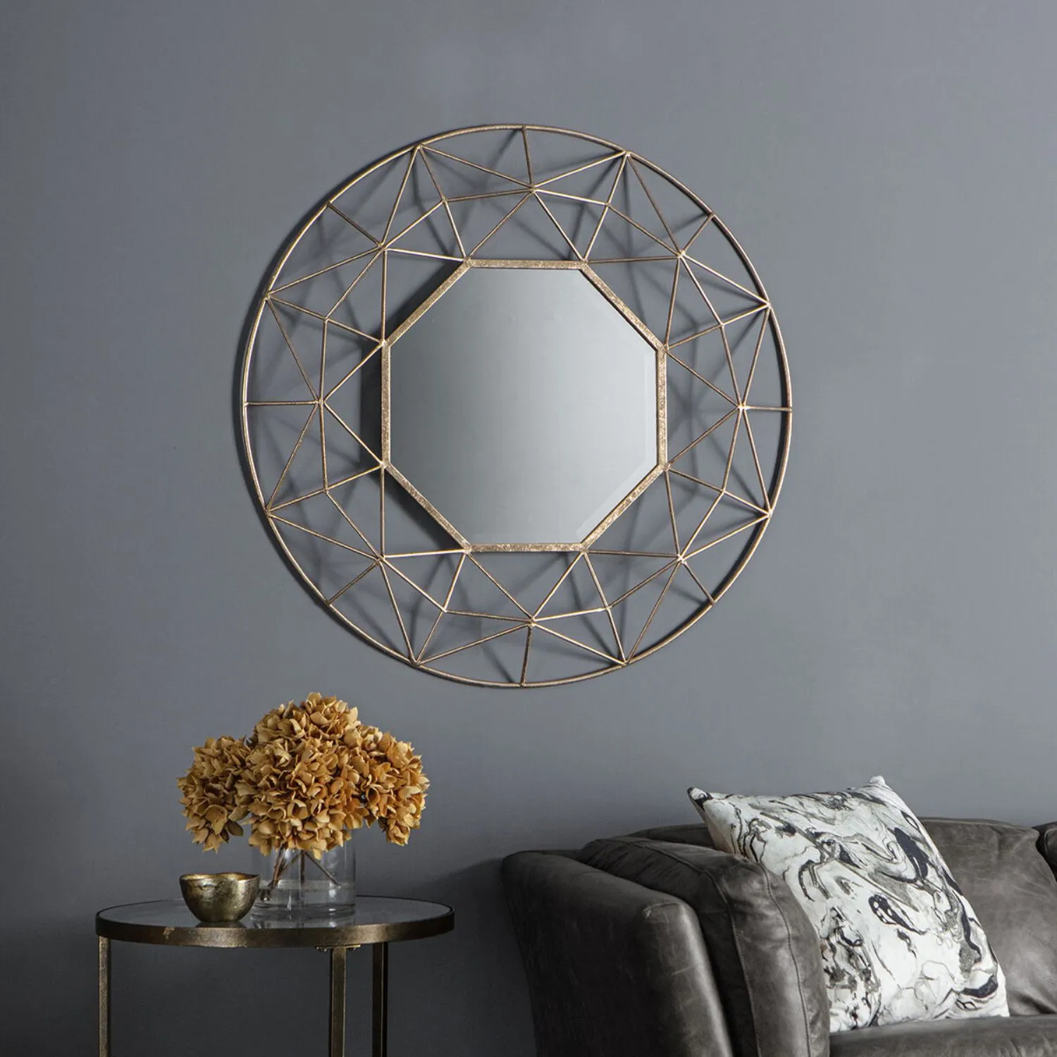 Gold Round 3D Geometric Metal Wall Mirror