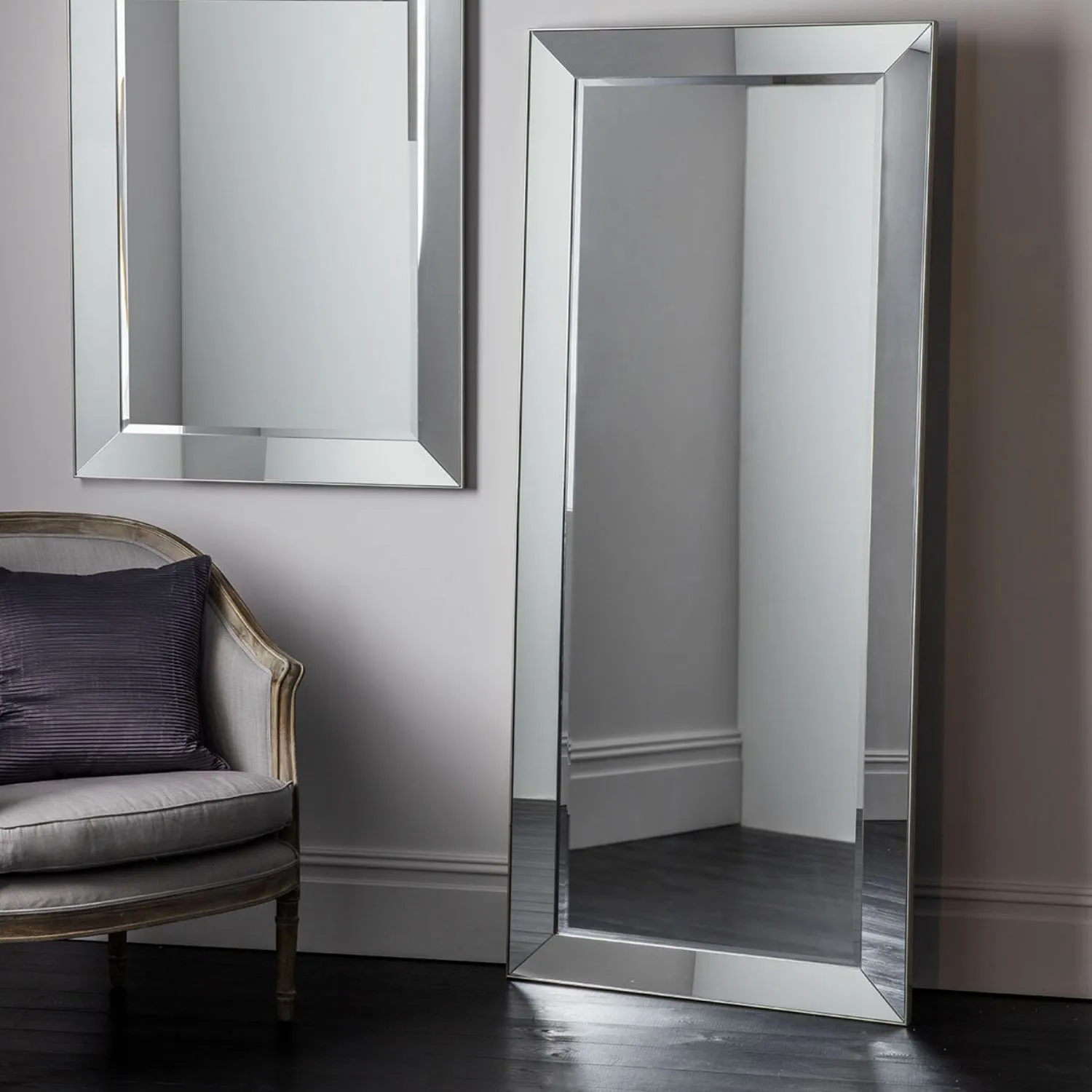 Venetian Silver Rectangular Leaner Bevelled Floor Mirror