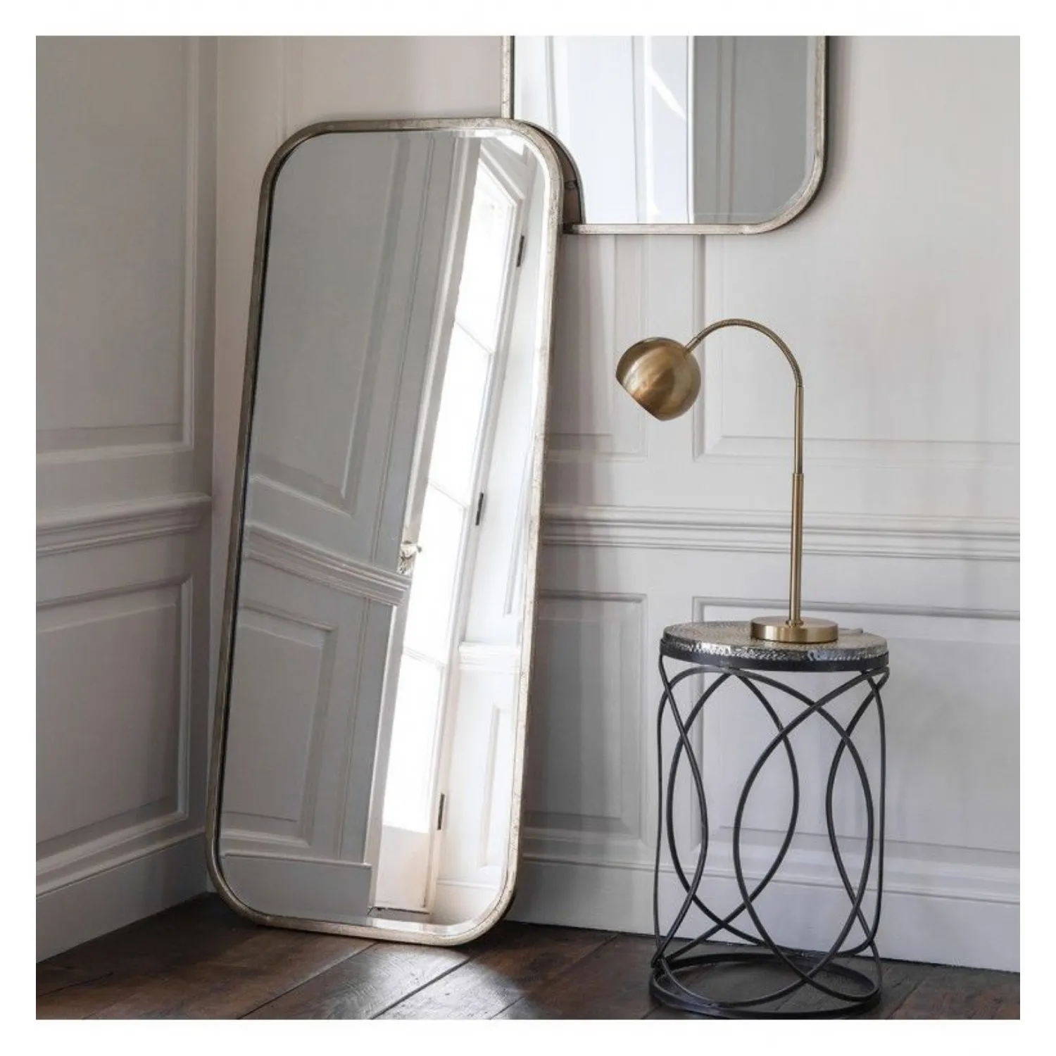 Distressed Champagne Silver Leaner Wall Mirror Rounded Edges