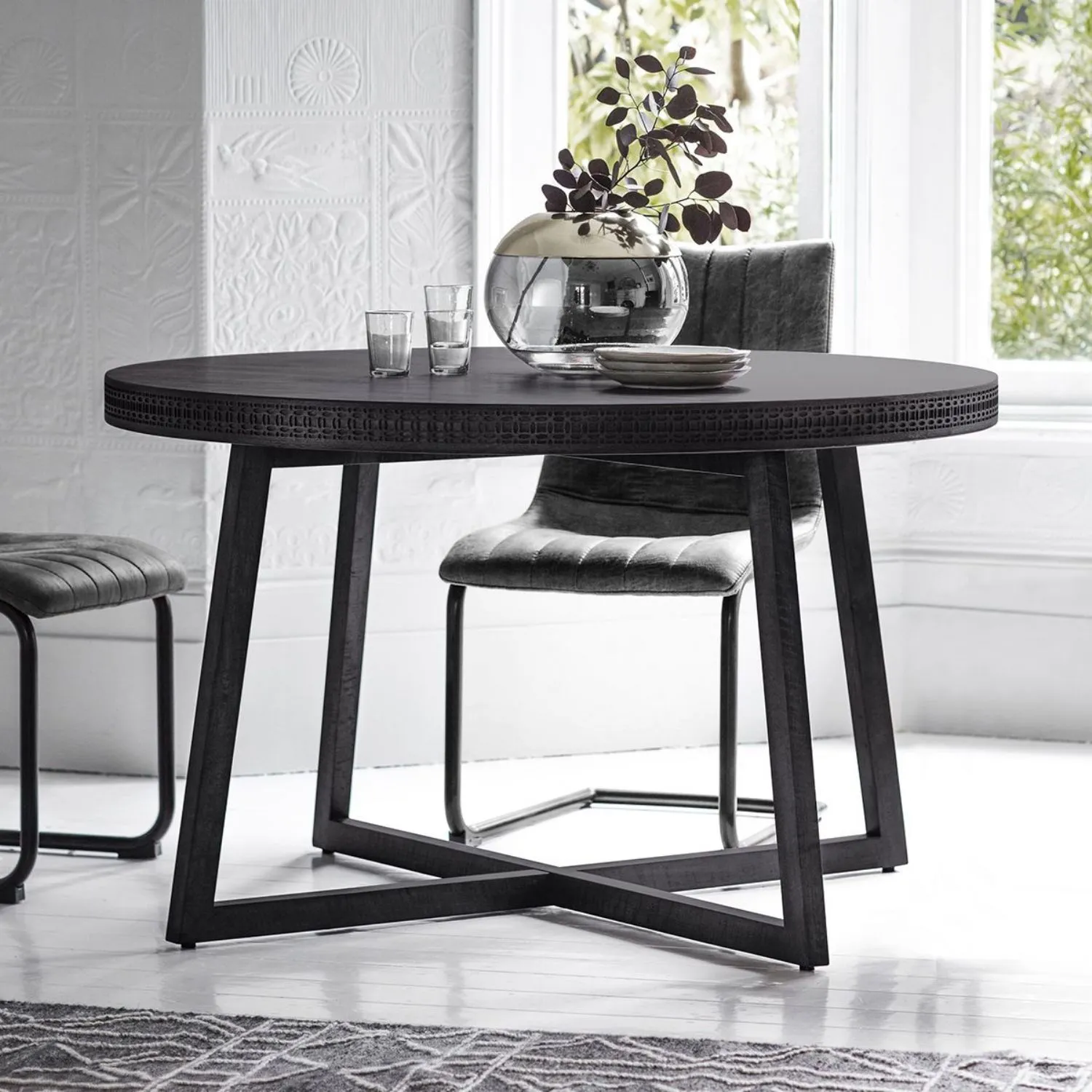 Teak Wood Matt Black Grey Finish 120cm Round Dining Table