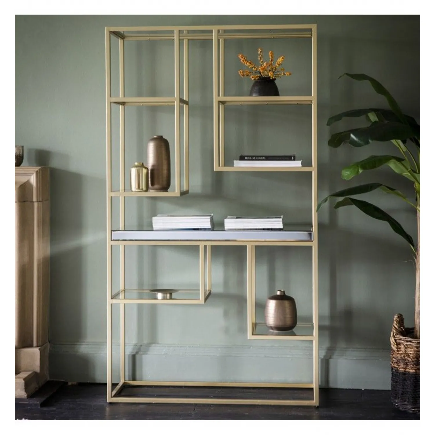 Gold Metal Mirrored Glass Open Display Shelving Unit