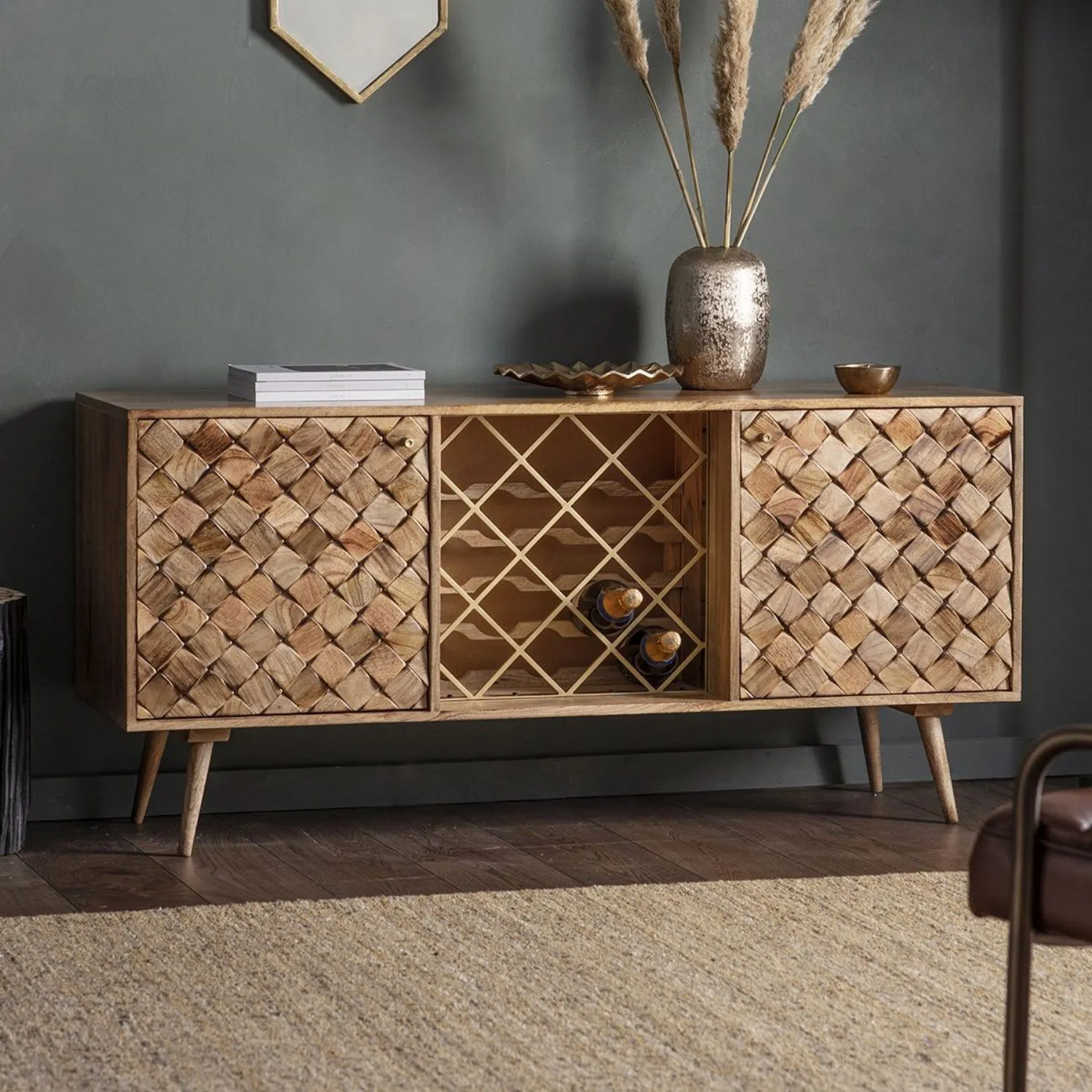 Brown Wax Wood 2 Door Sideboard With Wine Rack