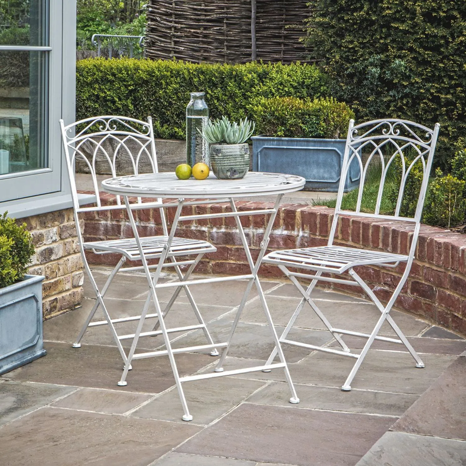 Distressed White Outdoor Metal Small Round Bistro Table Set