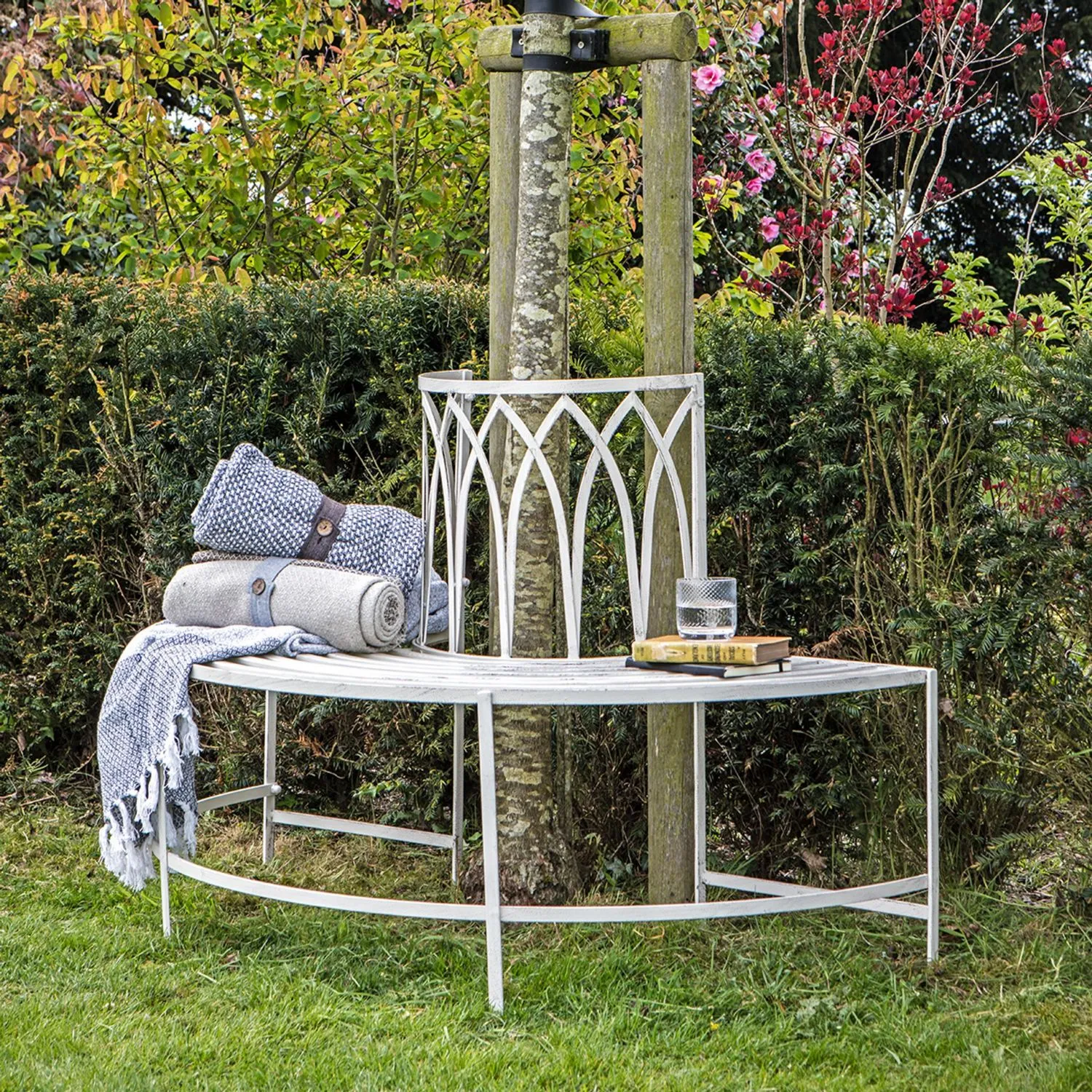 Rustic White Painted Metal Half Circle Tree Garden Bench